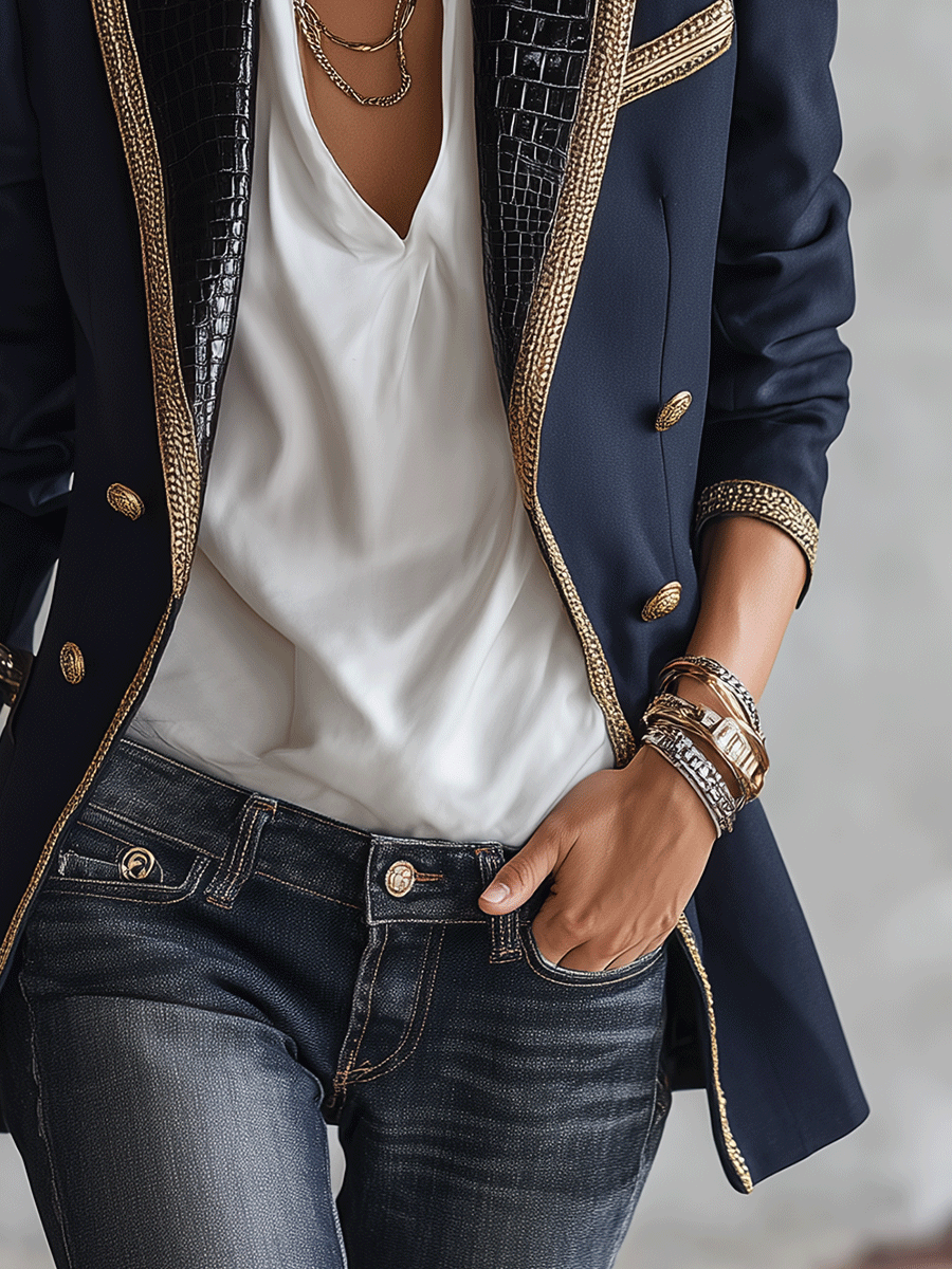 Luxe Embellished Tailored Navy Blue Statement Blazer