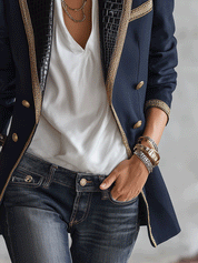 Luxe Embellished Tailored Navy Blue Statement Blazer