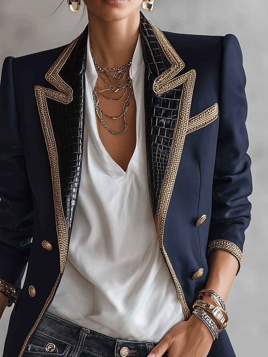 Luxe Embellished Tailored Navy Blue Statement Blazer