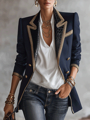 Luxe Embellished Tailored Navy Blue Statement Blazer