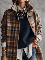 Vintage Wool Blend Oversized Camel Plaid Long Coat