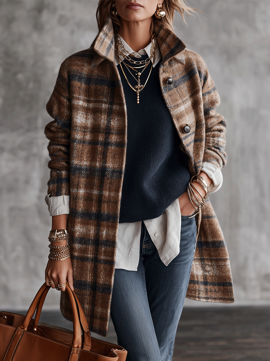 Vintage Wool Blend Oversized Camel Plaid Long Coat