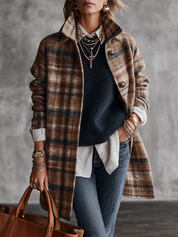 Vintage Wool Blend Oversized Camel Plaid Long Coat