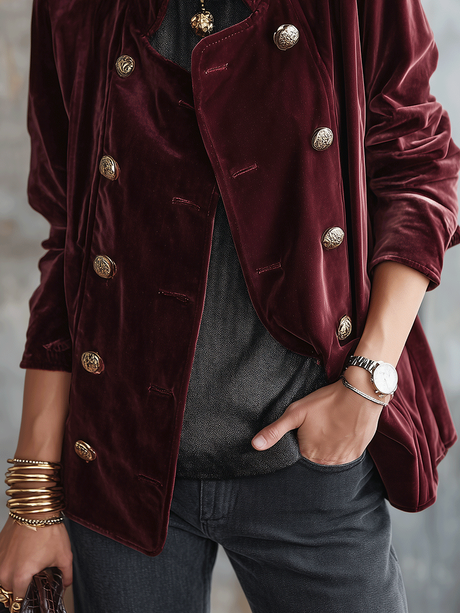 Vintage Velvet Tailored Burgundy Double-Breasted Blazer
