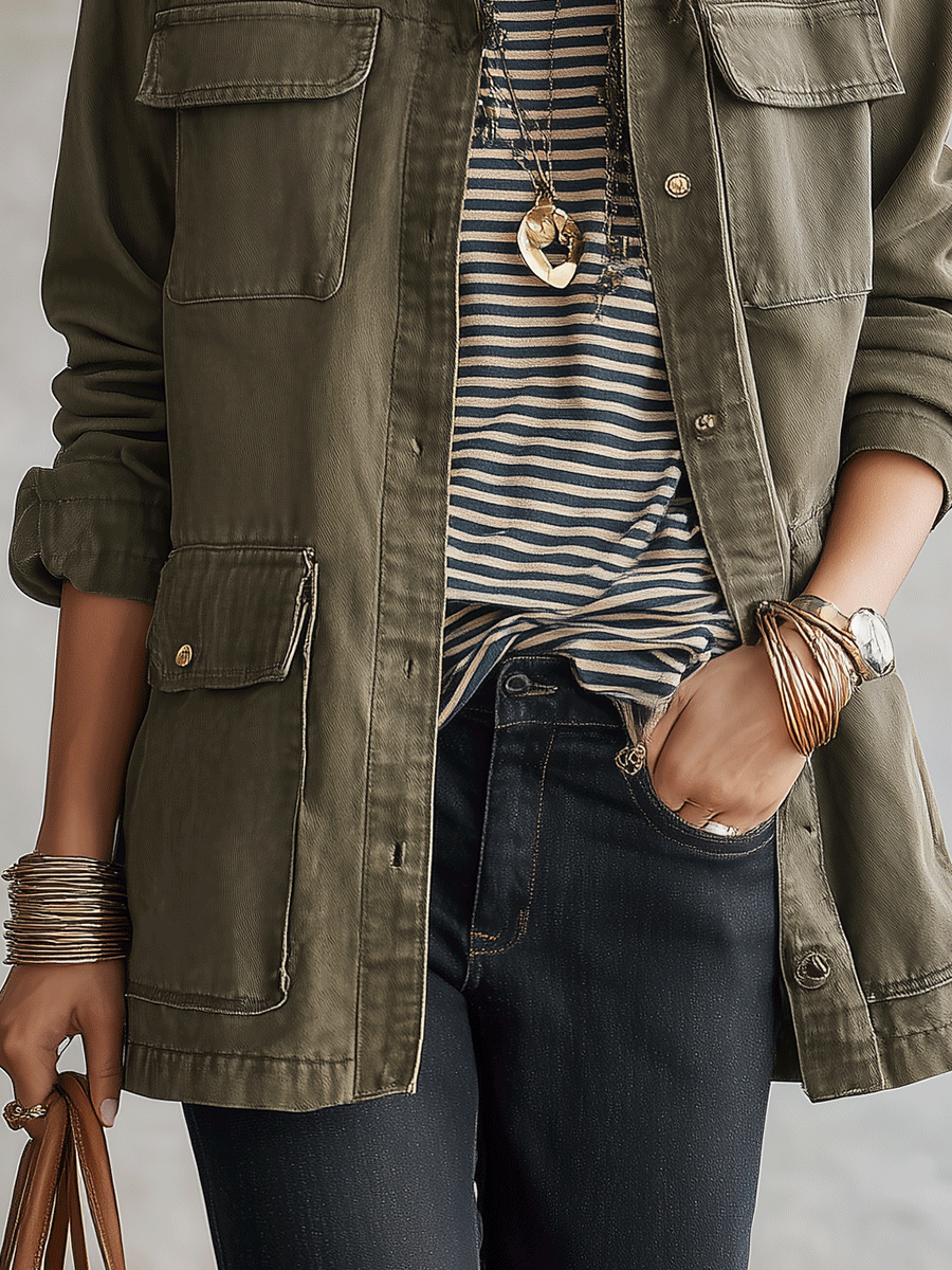 Casual Washed Cotton Oversized Army Green Utility Jacket