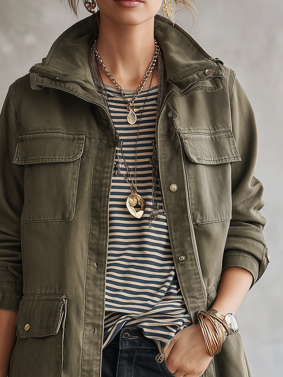 Casual Washed Cotton Oversized Army Green Utility Jacket