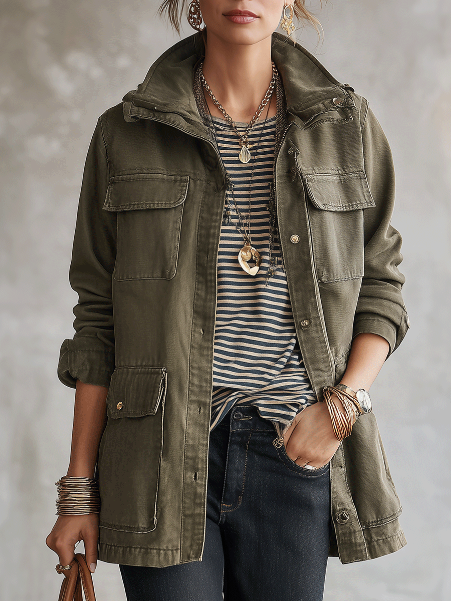 Casual Washed Cotton Oversized Army Green Utility Jacket