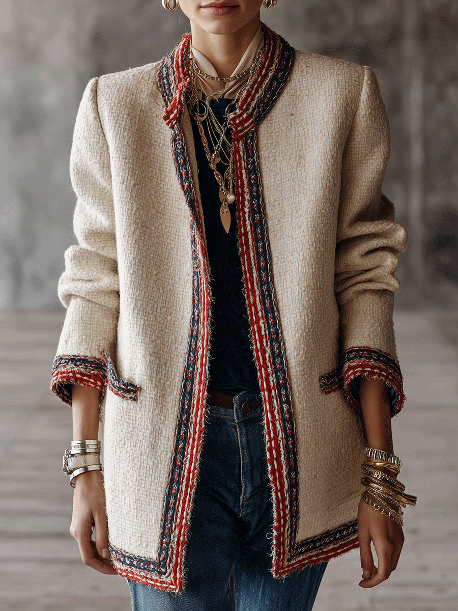 Women's Tweed Open Front Jacket with Contrast Trim Collarless Coat