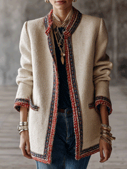 Women's Tweed Open Front Jacket with Contrast Trim Collarless Coat