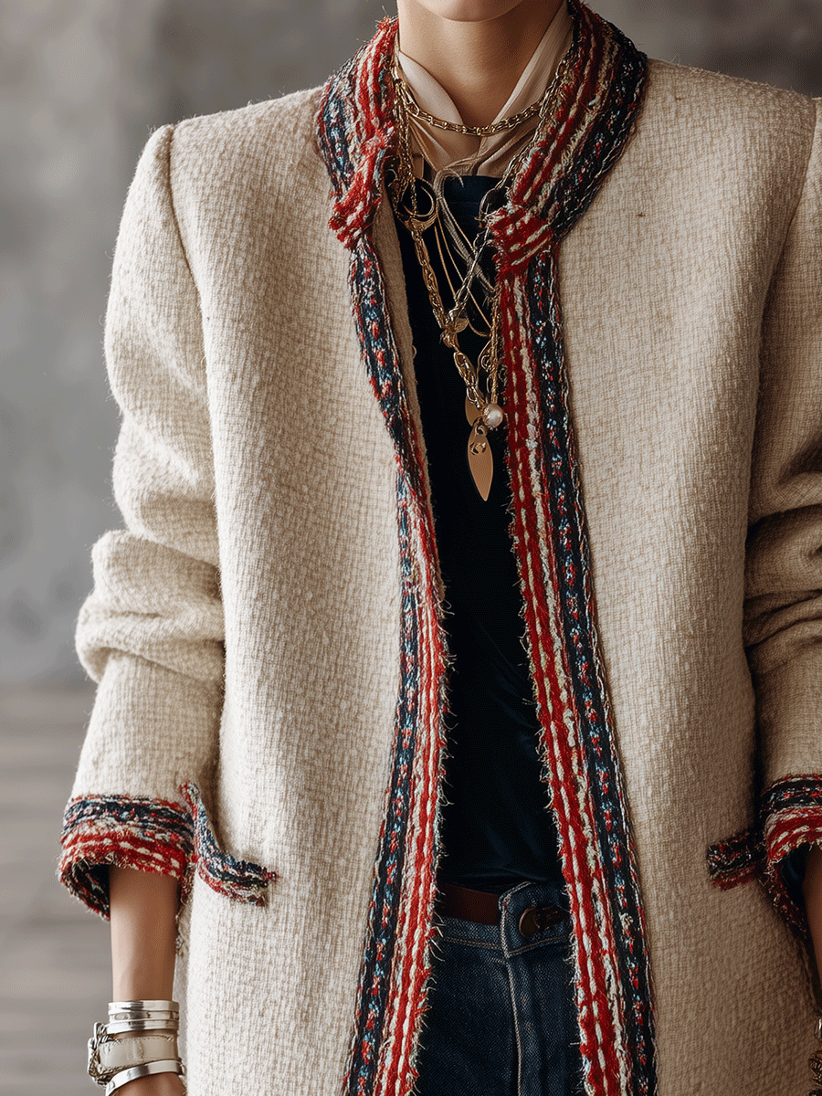 Women's Tweed Open Front Jacket with Contrast Trim Collarless Coat
