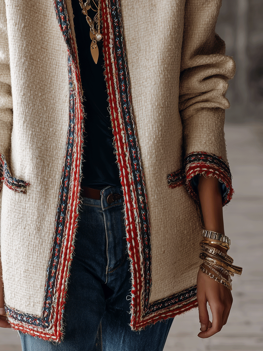 Women's Tweed Open Front Jacket with Contrast Trim Collarless Coat