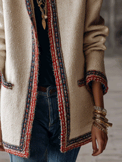 Women's Tweed Open Front Jacket with Contrast Trim Collarless Coat