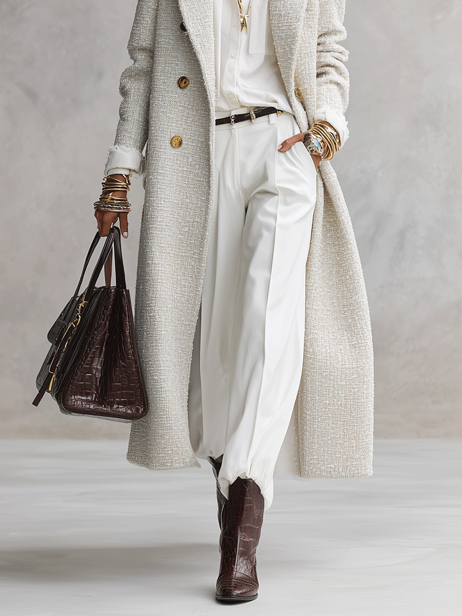 Quiet Luxury Tweed Tailored Ivory Long Coat