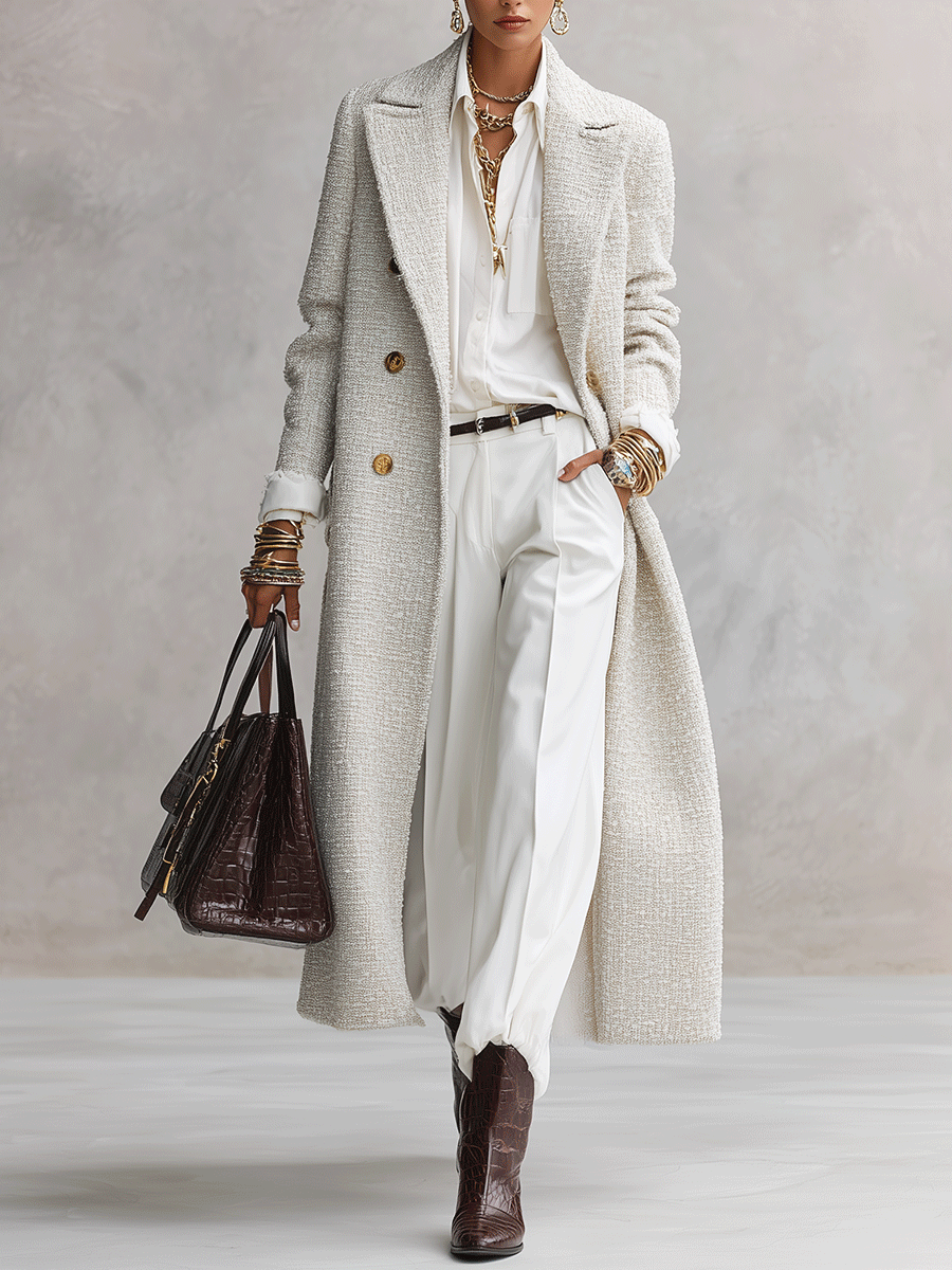 Quiet Luxury Tweed Tailored Ivory Long Coat