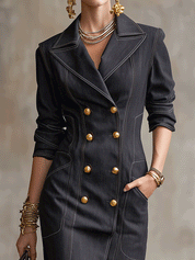 Vintage Denim Tailored Dark Indigo Double-Breasted Midi Dress