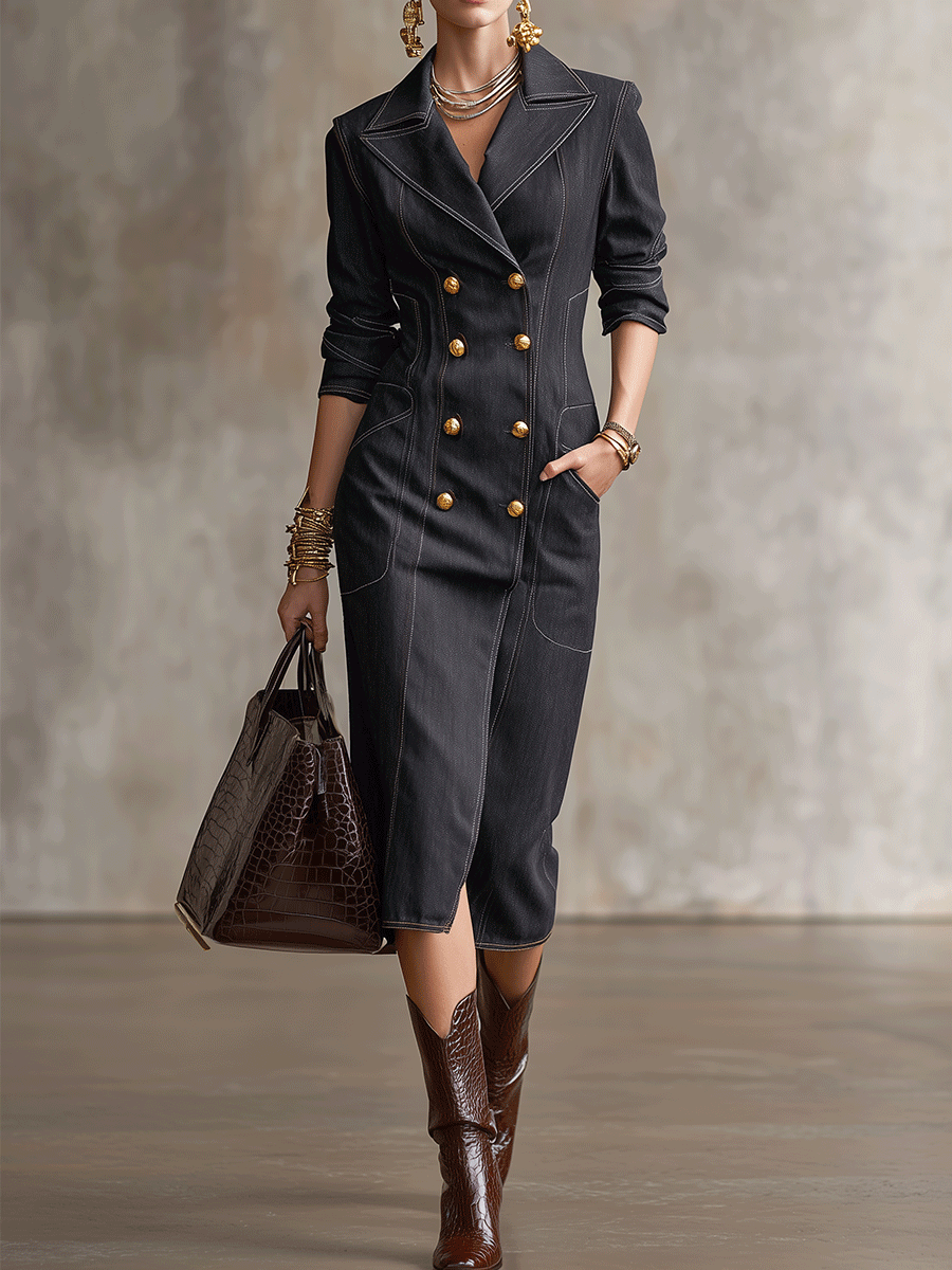 Vintage Denim Tailored Dark Indigo Double-Breasted Midi Dress