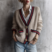 Women's Contrast Striped Trim Floral Buttons Knit Cardigan