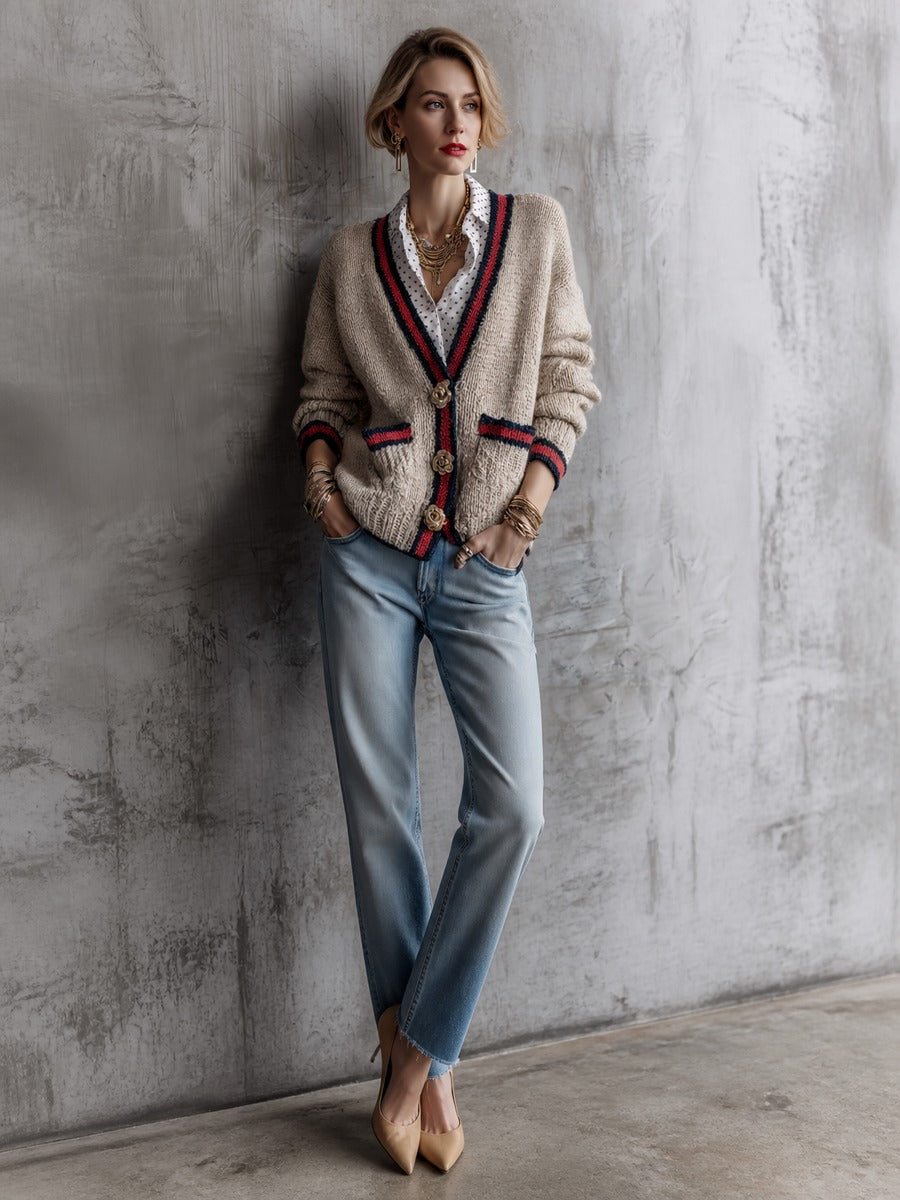 Women's Contrast Striped Trim Floral Buttons Knit Cardigan