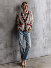 Women's Contrast Striped Trim Floral Buttons Knit Cardigan