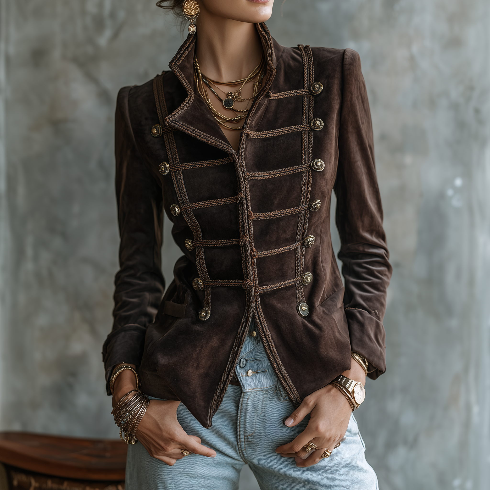 Women's Vintage Military Style Braided Trim Button Blazer Jacket