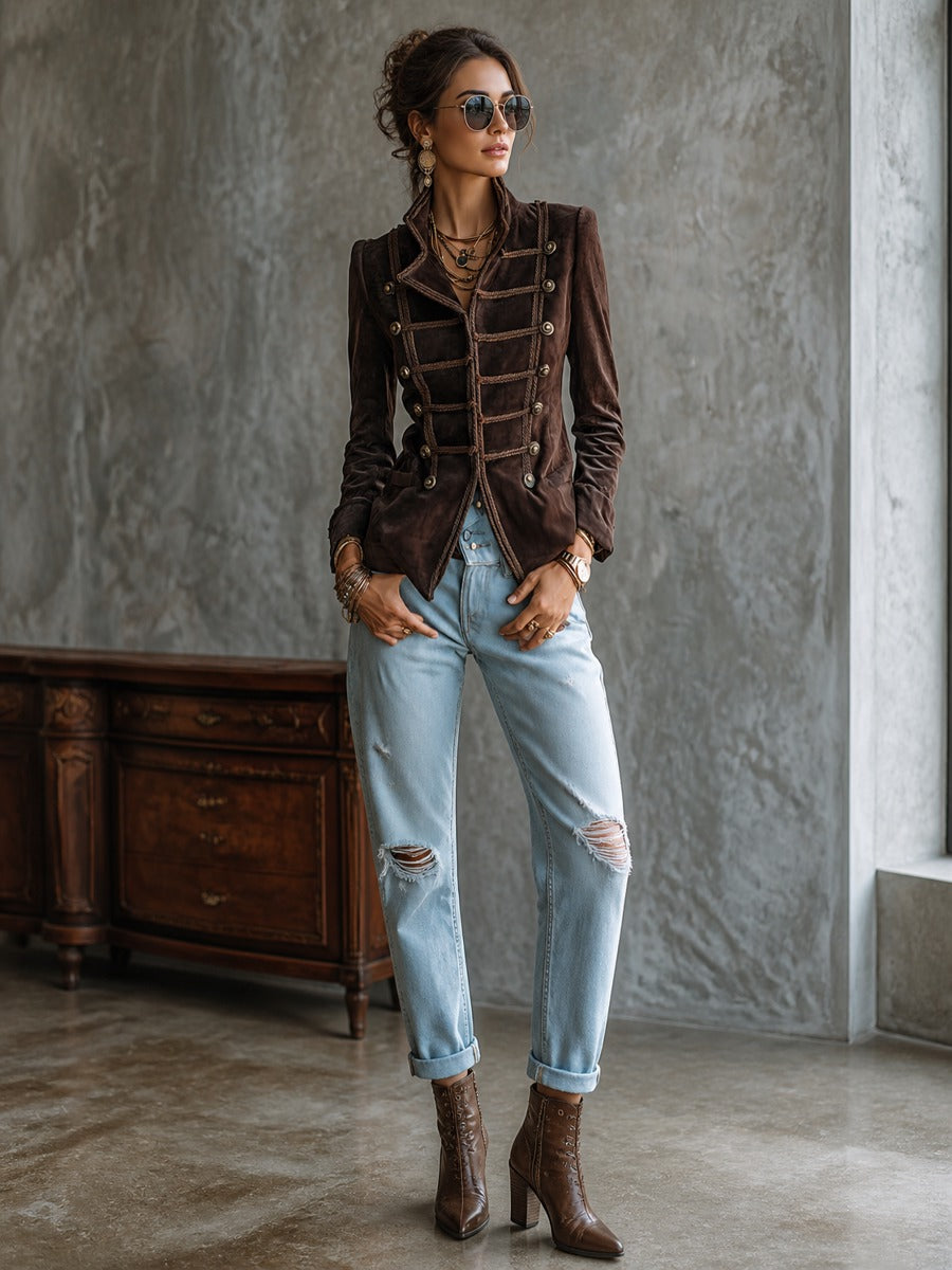 Women's Vintage Military Style Braided Trim Button Blazer Jacket