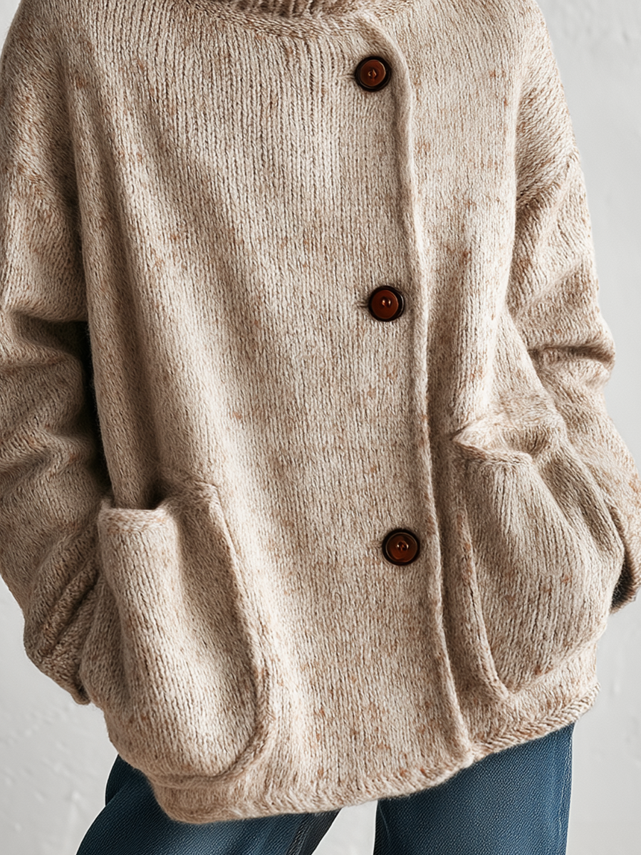 Relaxed Oatmeal Button-Detail Turtleneck Pullover Sweater Top