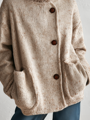 Relaxed Oatmeal Button-Detail Turtleneck Pullover Sweater Top