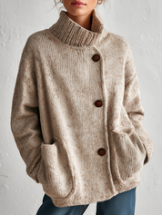 Relaxed Oatmeal Button-Detail Turtleneck Pullover Sweater Top