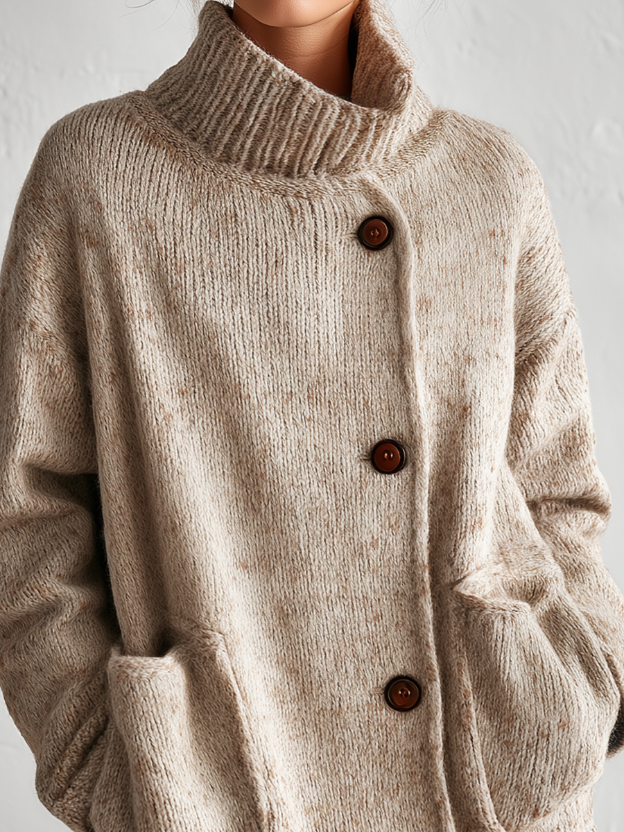 Relaxed Oatmeal Button-Detail Turtleneck Pullover Sweater Top