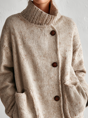 Relaxed Oatmeal Button-Detail Turtleneck Pullover Sweater Top