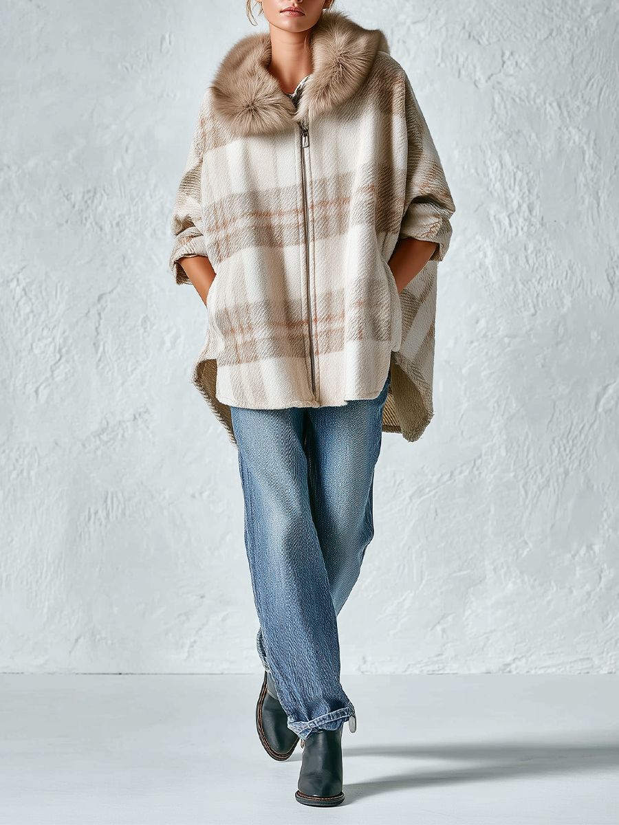 Relaxed Beige Plaid Detachable Faux-Fur Collar Cape Jacket