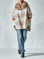 Relaxed Beige Plaid Detachable Faux-Fur Collar Cape Jacket
