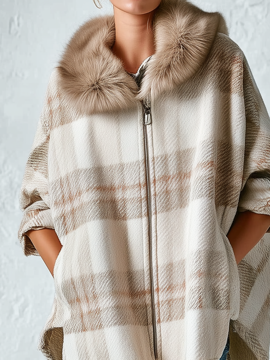 Relaxed Beige Plaid Detachable Faux-Fur Collar Cape Jacket