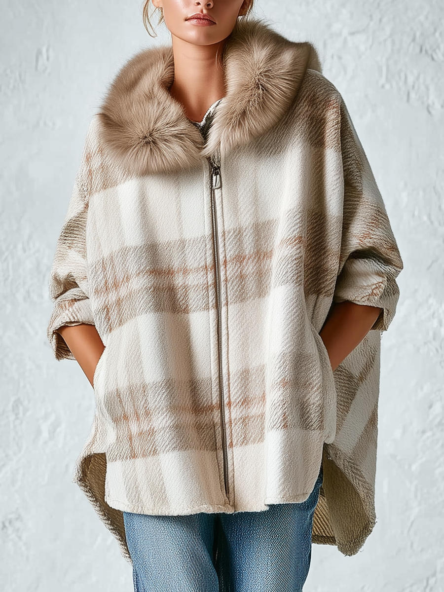 Relaxed Beige Plaid Detachable Faux-Fur Collar Cape Jacket