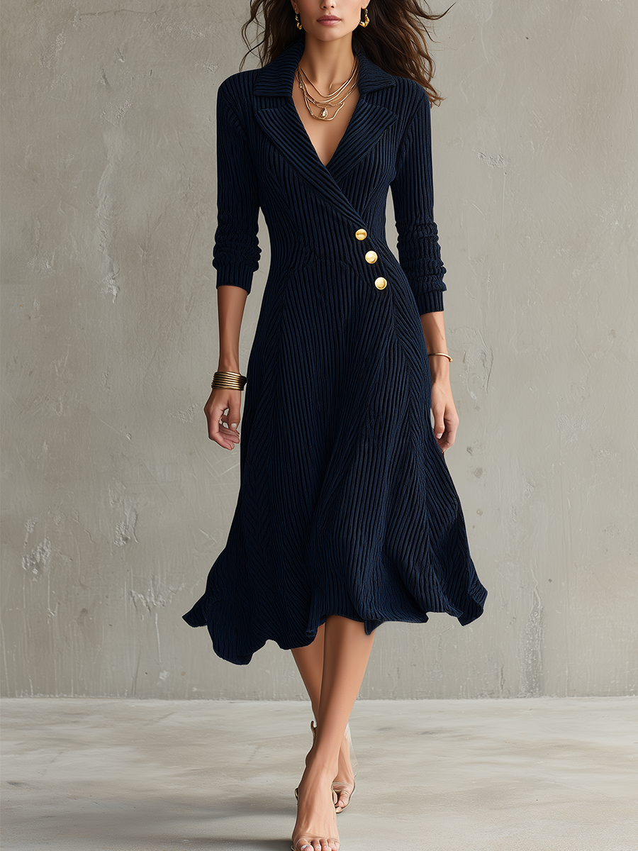 Navy Blue And Gold Button Knit Collar Dress