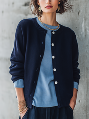 Casual Navy Crew Neck Button‑Front Knit Cardigan