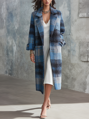 Classic Blue Plaid Lapel Long Coat