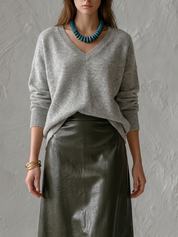 Ffortless Grey V-Neck Sweater & Olive Maxi Skirt Set
