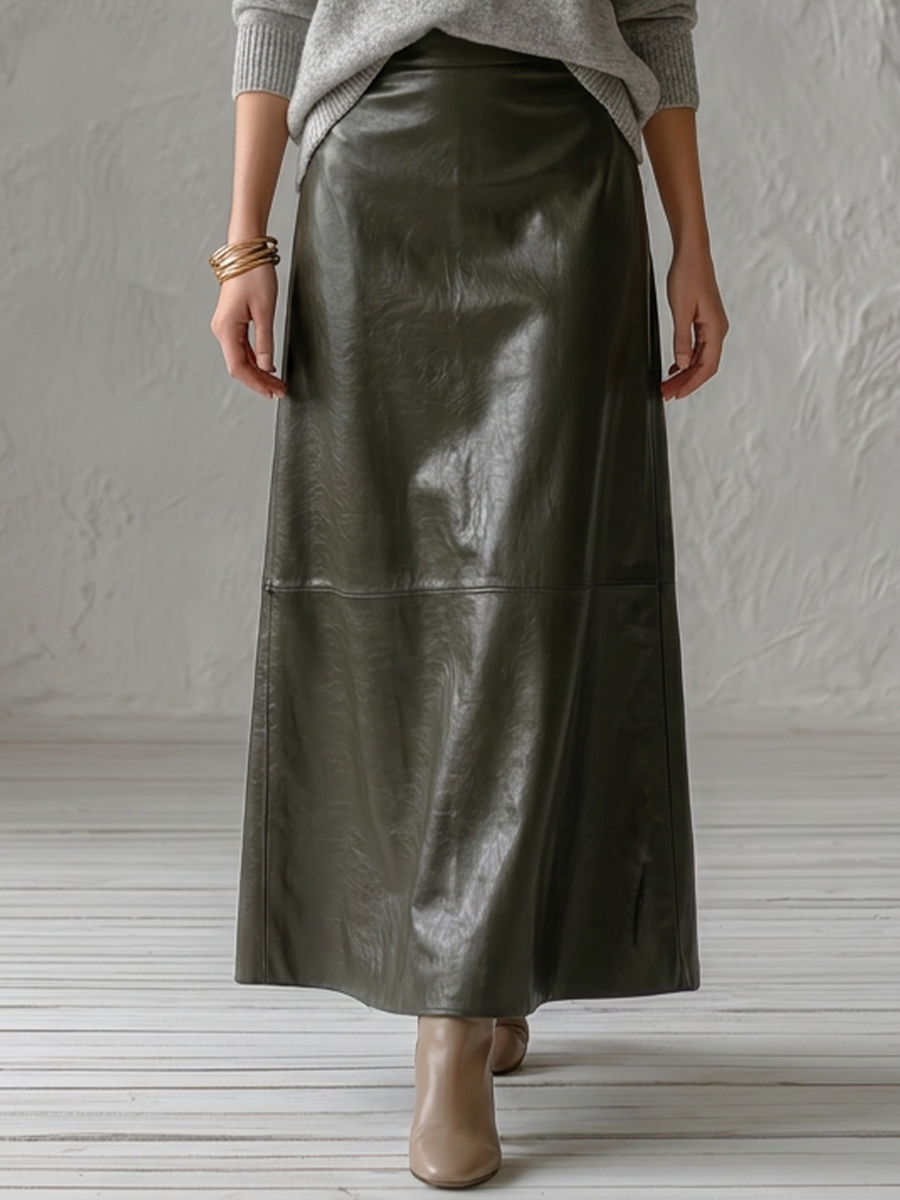 Ffortless Grey V-Neck Sweater & Olive Maxi Skirt Set