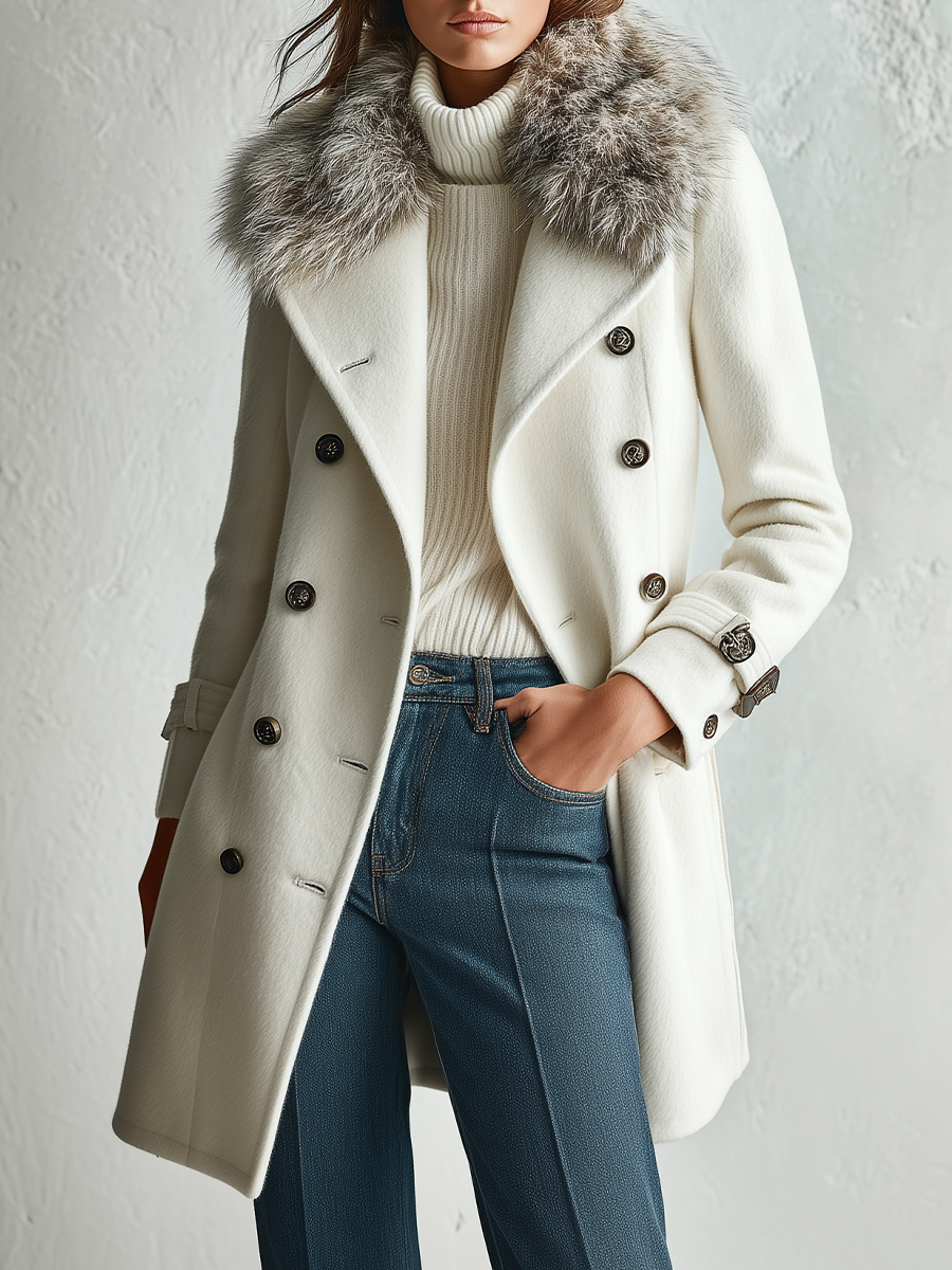 Quiet And Luxurious Double-Breasted With Detachable Fur Collar Coat