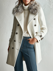 Quiet And Luxurious Double-Breasted With Detachable Fur Collar Coat