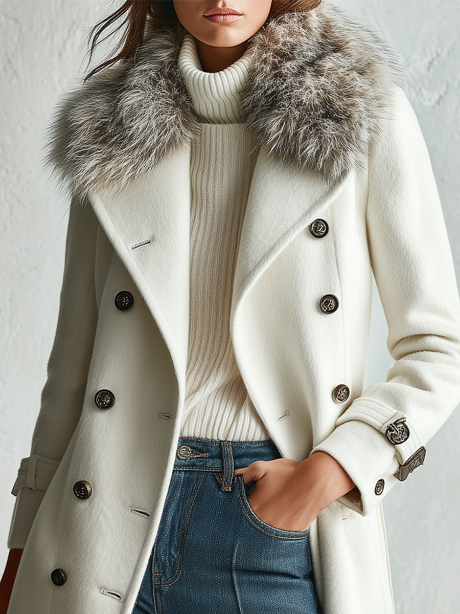Quiet And Luxurious Double-Breasted With Detachable Fur Collar Coat