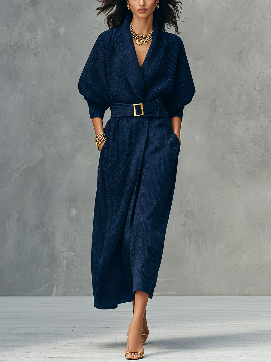Navy Blue Textured Knit Batwing Sleeve Tie Dress