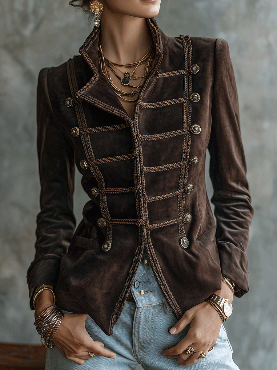 Women's Vintage Military Style Braided Trim Button Blazer Jacket