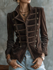 Women's Vintage Military Style Braided Trim Button Blazer Jacket