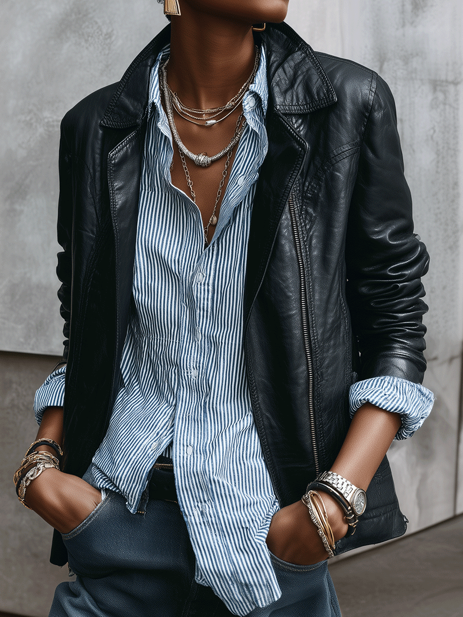 Women's Black Faux Leather Jacket Street Style Moto Jacket