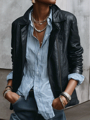Women's Black Faux Leather Jacket Street Style Moto Jacket