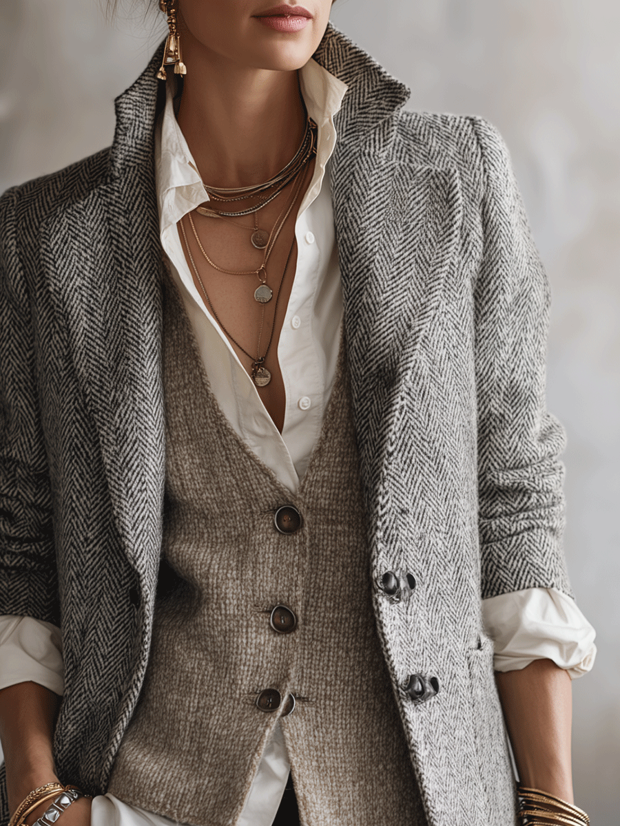 Modern Classic Textured Tweed Structured Grey Coat