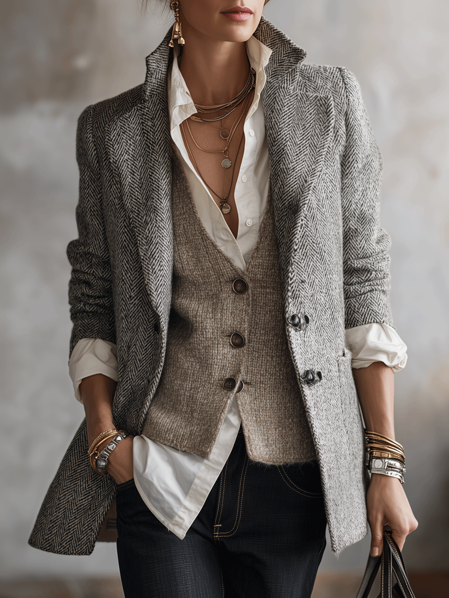 Modern Classic Textured Tweed Structured Grey Coat