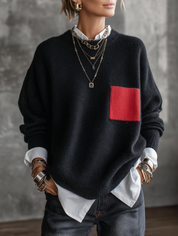 Women's Oversized Crew Neck Contrast Pocket Sweater
